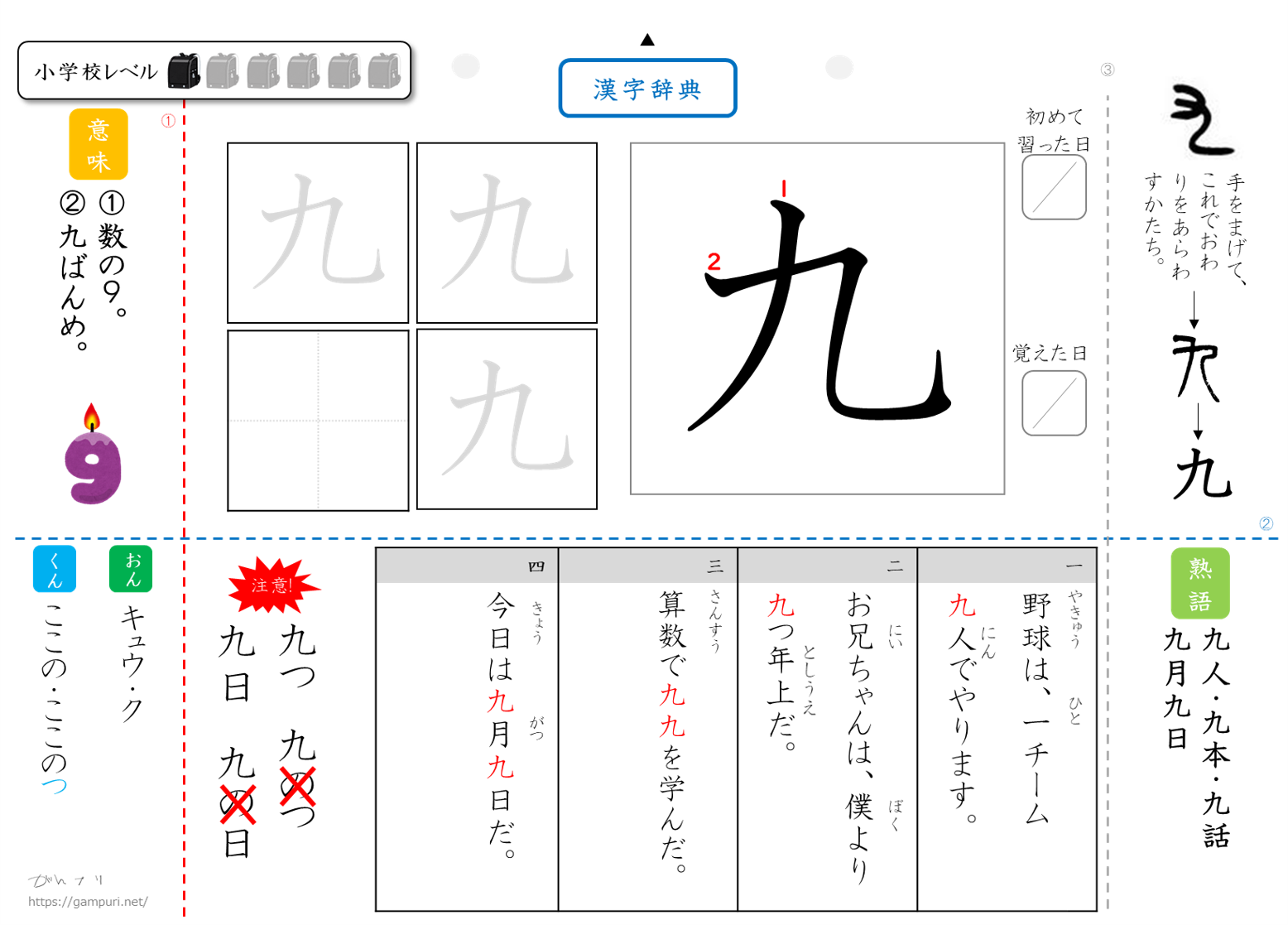漢字ドリル,漢字プリント,九　成立ち
