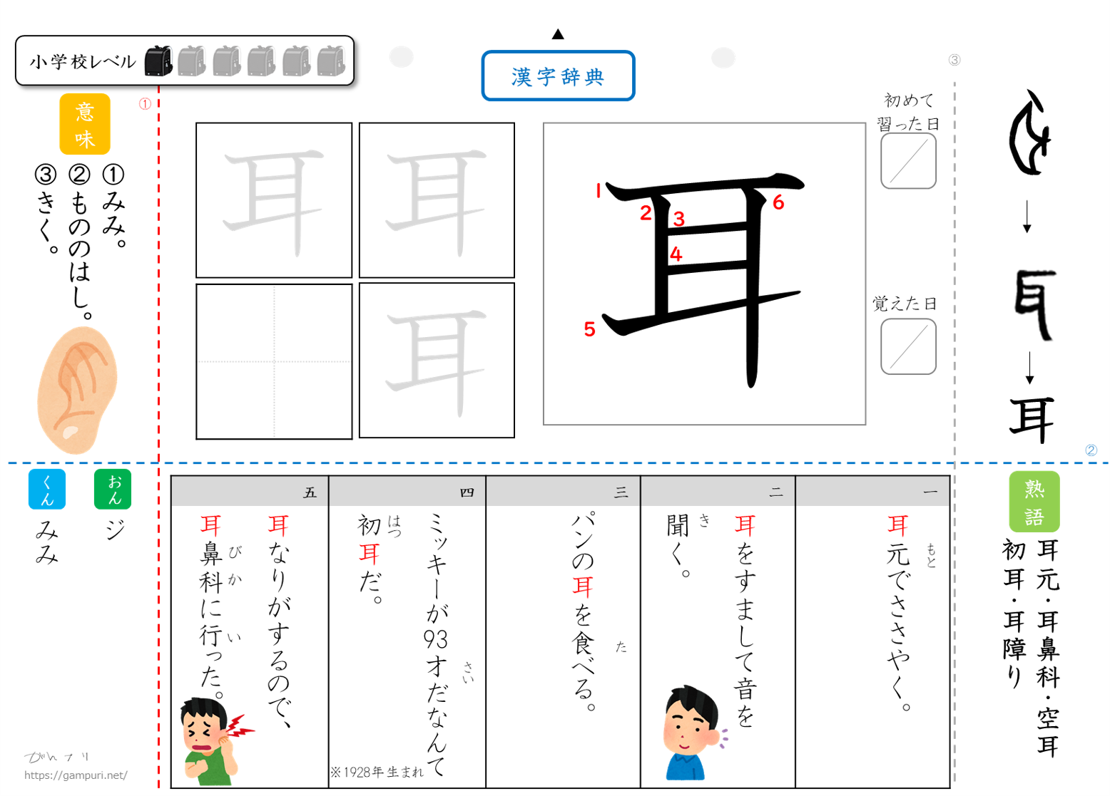 漢字ドリル,漢字プリント,耳　成立ち