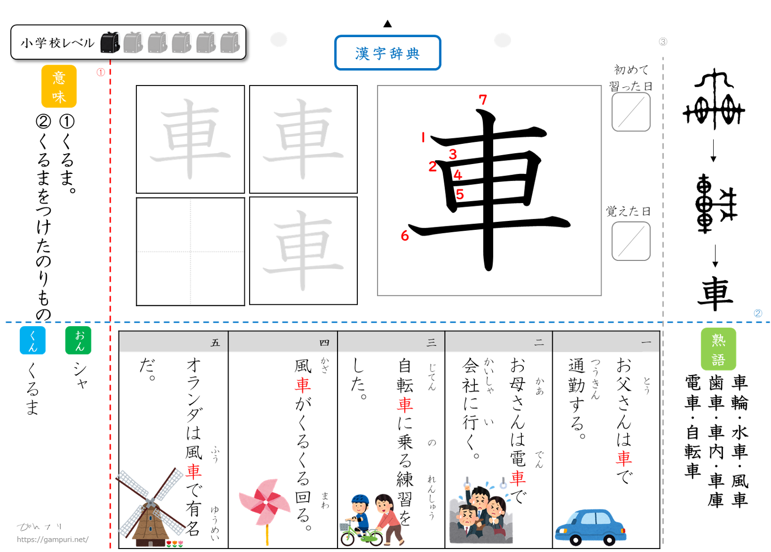 漢字ドリル,漢字プリント,車　成立ち